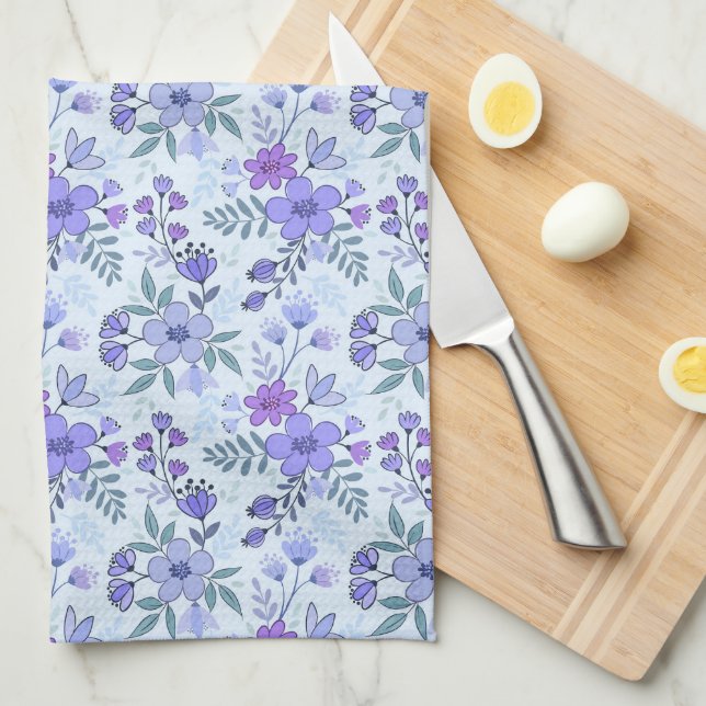 Cute Violet Main tiré Floraux Serviette de cuisine (Quart Plié)