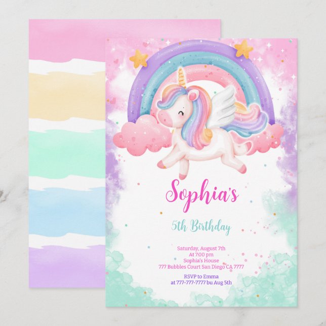 Cute Water Color Unicorn Invitation (Devant / Derrière)