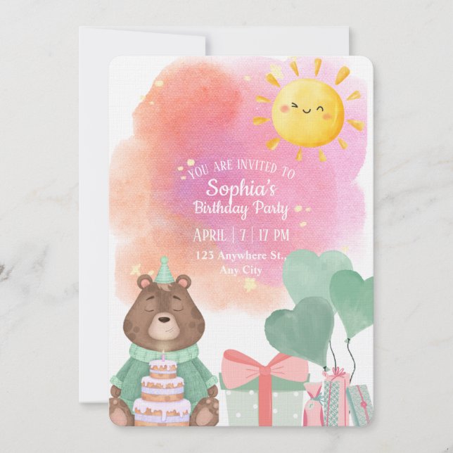 Cute Watercolor Bear Birthday Invitation  (Devant)
