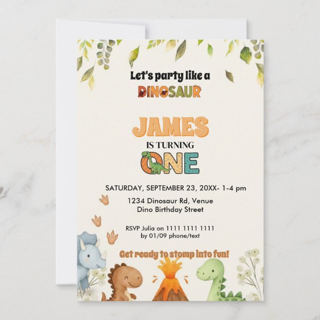 Cute Watercolor Dinosaur 1st Birthday Invitation (Devant)