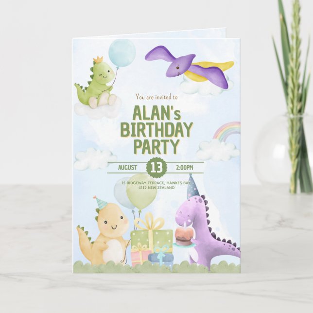 Cute Watercolor Dinosaur Birthday Invitation (Devant)