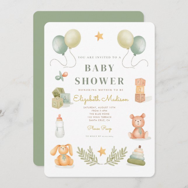 Cute Watercolor Jouets bébé Baby shower Invitation (Devant / Derrière)