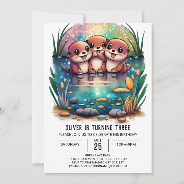 Cute Watercolor Otter Magique Invitation d'anniver (Devant)