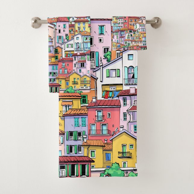 Cute watercolor pattern of houses in multicolor (En situation)