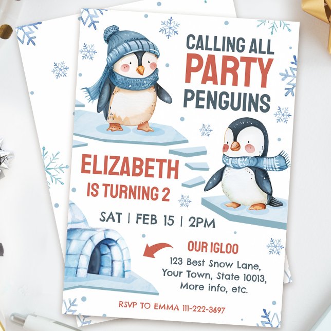 Cute Watercolor Penguin Invitation d'anniversaire (Créateur téléchargé)