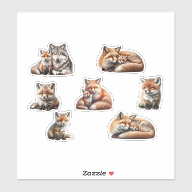 Cute Watercolor Red Fox Mother and Cub Sticker She (Feuille)