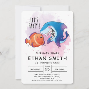 Cute Watercolor Requin Invitation d'anniversaire