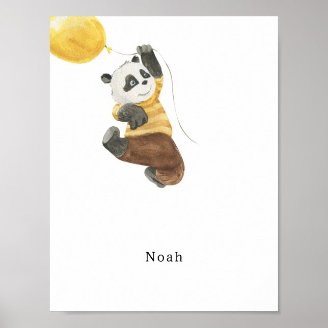 Cute Watercolour Panda With Balloon Name Poster (Devant)