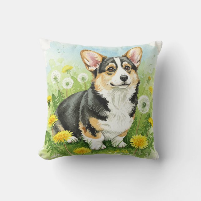 Cute Welsh Pembroke Corgi Dandelions Coussin (Recto)