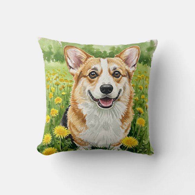 Cute Welsh Pembroke Corgi Dandelions Coussin (Recto)