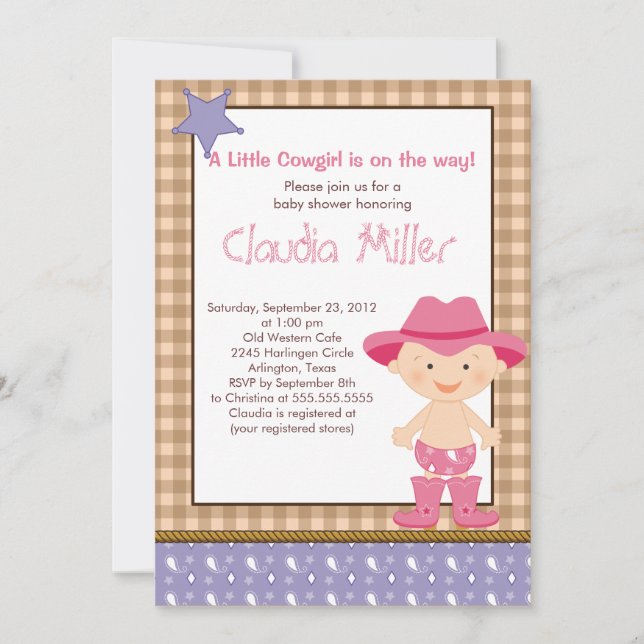 Cute Western Cowgirl Baby Shower Invitation (Devant)
