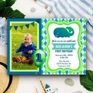 Cute Whale First Birthday Party Photo Invitation
