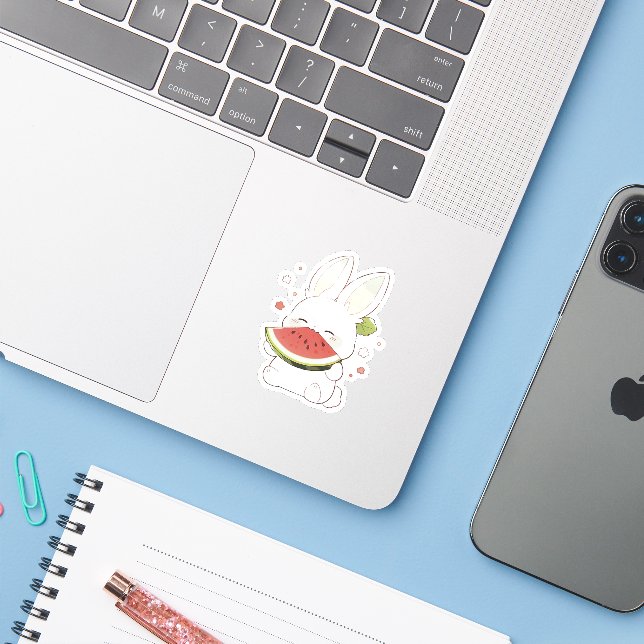 Cute White Bunny Eating Watermelon Sticker (Ordinateur portable avec iPhone)