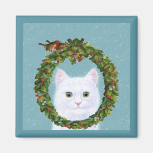 Cute White Cat Birds Christmas Wreath Aimant de ne