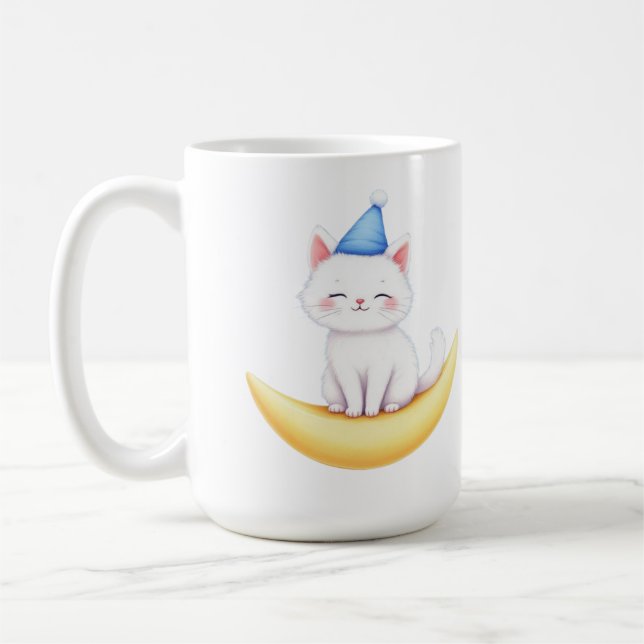 Cute White Kitten on Moon Mug (Gauche)