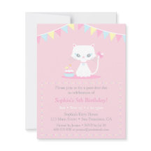 Cute White Kitty Chat Invitations de fête d'annive