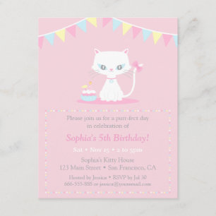 Cute White Kitty Chat Invitations de fête d'annive