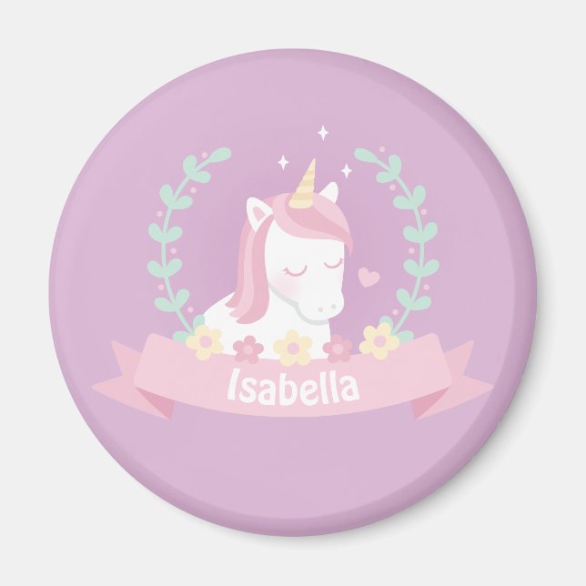 Cute White Magical Unicorn Fleurs Filles Magnets (Devant)