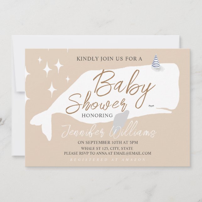 Cute White Whale Baby shower Beige Invitation (Devant)