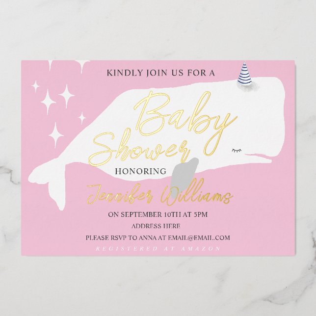 Cute White Whale Girl Baby shower rose Invitation (Recto)
