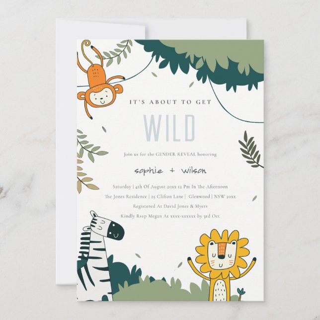 Cute Wild Jungle Animaux Genre Révéler Invitation (Devant)