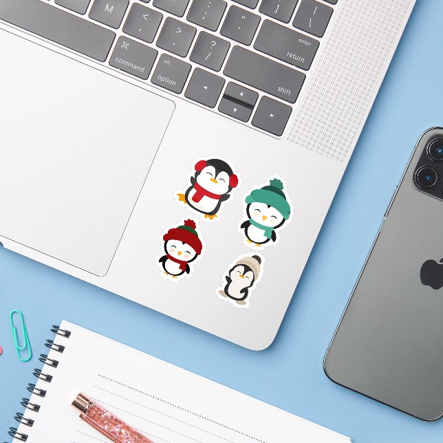 Cute Winter Penguin Kawaii Sticker Set (Ordinateur portable avec iPhone)