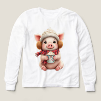 Cute Winter Pig With Hot Cocoa Illustration T-Shir
