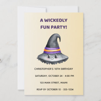 Cute Witch Hat Halloween Birthday Invitation  Kids