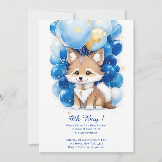 Cute Wolf Aquarelle Boy Baby shower Invitation (Devant)