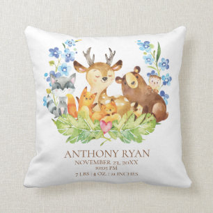 Cute Woodland Animals Baby Birth Stats Coussin