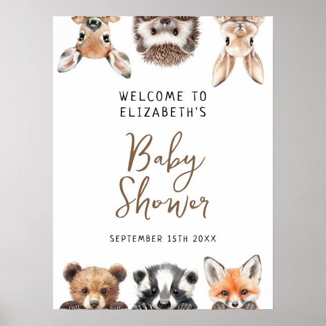Cute Woodland Animals Baby shower Affiche de bienv (Devant)