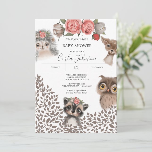 Cute Woodland Animaux Fille Baby shower Invitation (Debout devant)