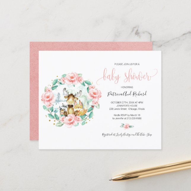 Cute Woodland Animaux Végétation Baby shower Budge (Devant/Arrière en situation)