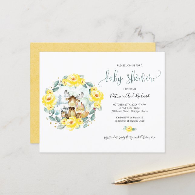 Cute Woodland Animaux Végétation Baby shower Budge (Devant/Arrière en situation)