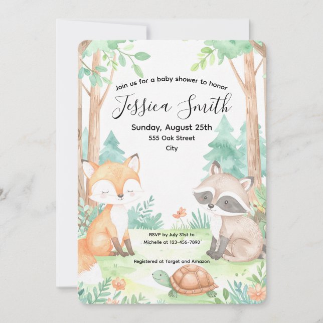 Cute Woodland Baby shower Thème Invitation (Devant)