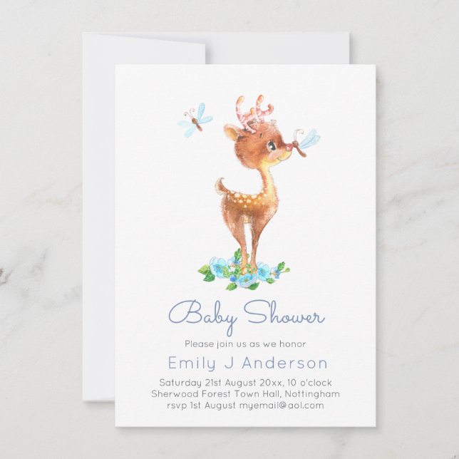 Cute Woodland Deer Watercolo Baby shower Incl Env. (Devant)