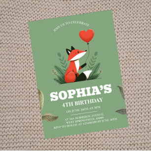 Cute Woodland Fox 4e Invitations d'anniversaire