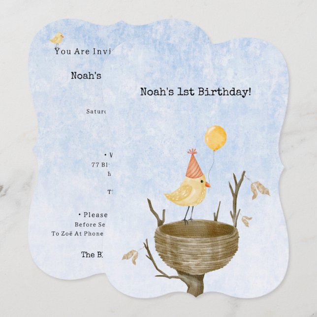 Cute Yellow Bird With Balloon Birthday Invitation (Devant / Derrière)