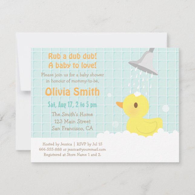 Cute Yellow Rubber Ducky Baby Shower Invitations (Devant)
