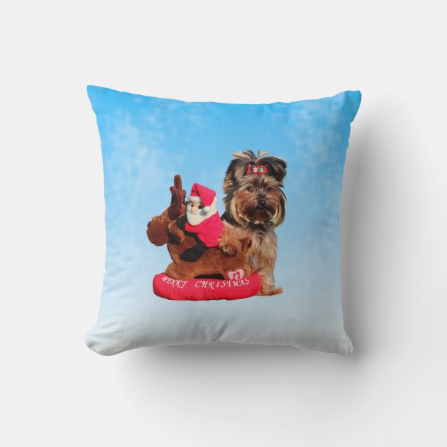 Cute Yorkshire Terrier Joyeux Coussin de Noël (Recto)