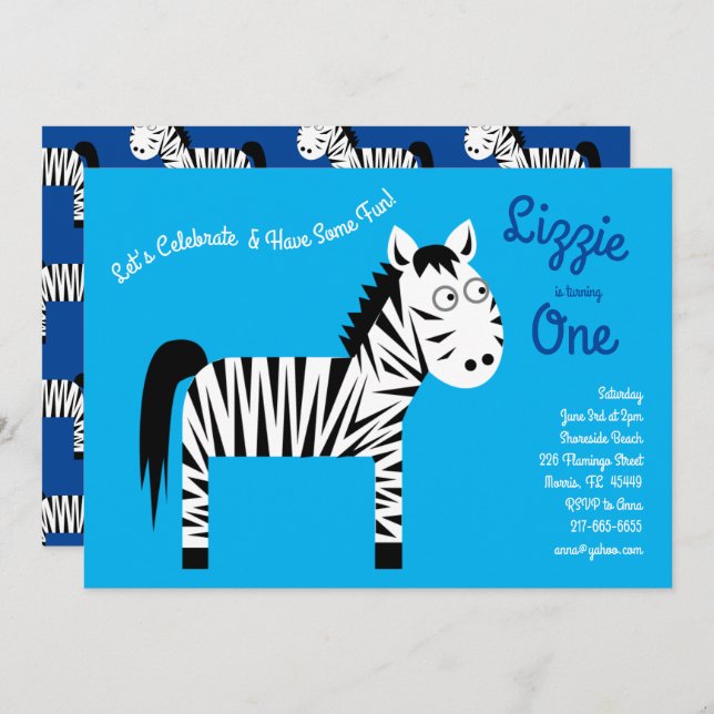 Cute Zebra Kids 1er anniversaire fêtes Invitations (Devant / Derrière)
