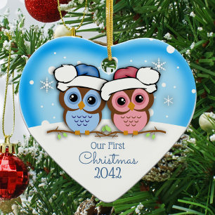 Cutie Owl Couple Premier ornement de Noël