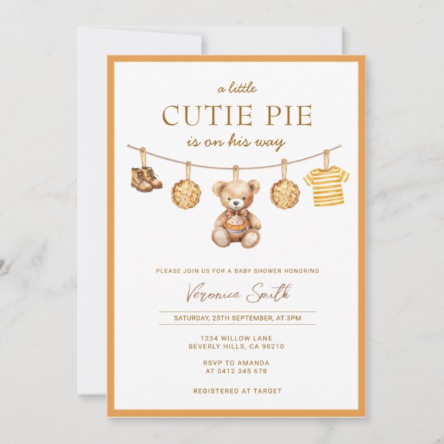 Cutie Pie Bear Boy Baby Shower Invitation (Devant)