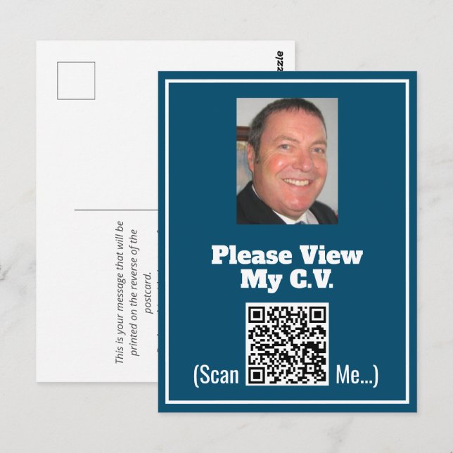 CV avec photo et code QR sur une carte postale (Devant / Derrière)