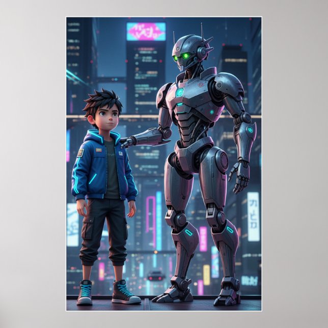 Cyber Guardian | Sci-Fi Robot & Kid Art Poster (Devant)