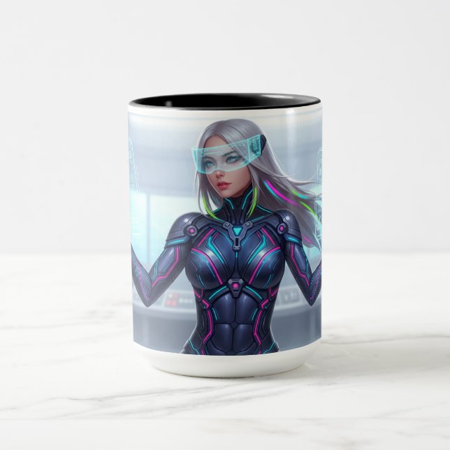 Cyber Oracle Mug – Futuristic Tech Anime Girl (Centre)