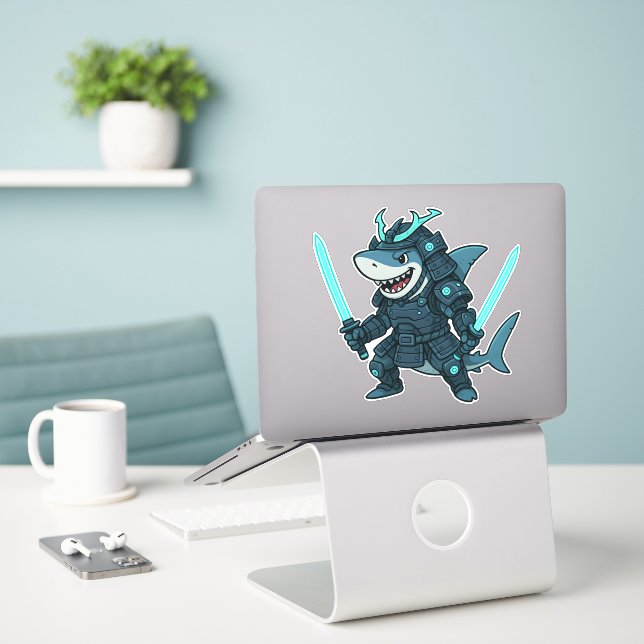 Cyber Shark in Armor with Dual Swords Sticker (Ordinateur portable sur le bureau)