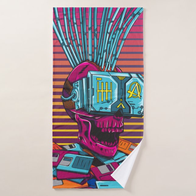 Cyber Skull Virtual Reality Cyberpunk disquette  (Serviette de bain)