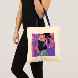 Cyberpunk Cat Girl Tote Bag – Neon Aesthetic