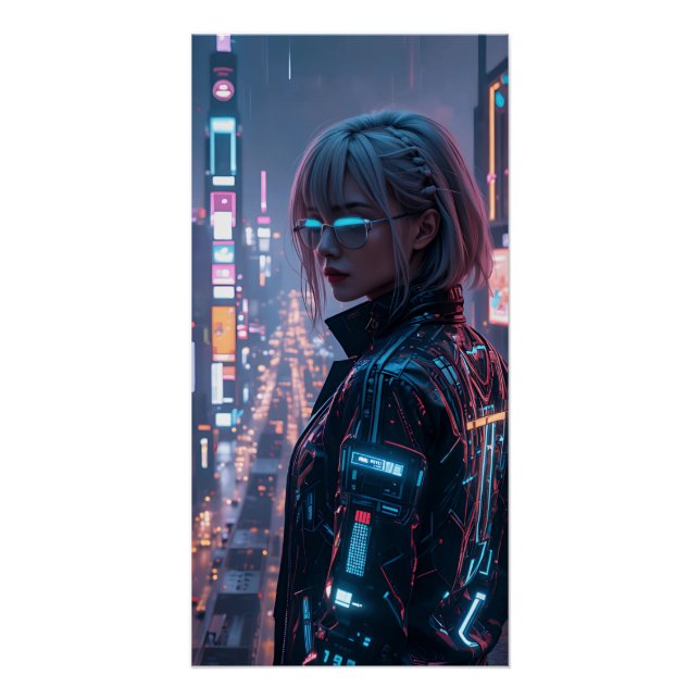Cyberpunk Cityscape Poster Futuriste Femme Hacke (Devant)